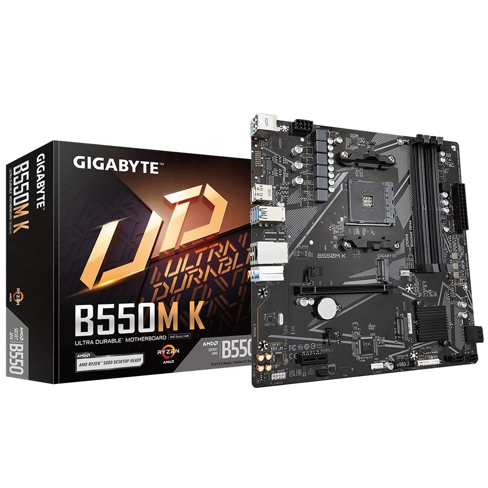Placa de bază GIGABYTE B550M K – compatibilă cu procesoarele AMD Ryzen 5000, suportă până la 4733 MHz DDR4, 1xPCIe 4.0 + 1xPCIe 3.0 M.2, LAN 1GbE, USB 3.2 Gen 1