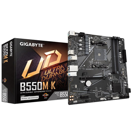 Placa de bază GIGABYTE B550M K – compatibilă cu procesoarele AMD Ryzen 5000, suportă până la 4733 MHz DDR4, 1xPCIe 4.0 + 1xPCIe 3.0 M.2, LAN 1GbE, USB 3.2 Gen 1