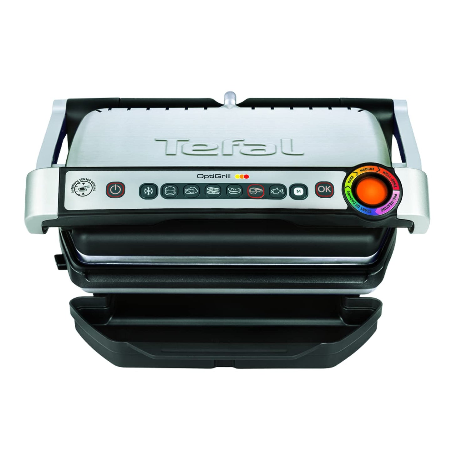 Tefal OptiGrill contact grill - electric grill with 6 automatic programs, cooking level display and automatic temperature adjustment, defrosting and manual mode, removable non-stick coated plates - GC705D