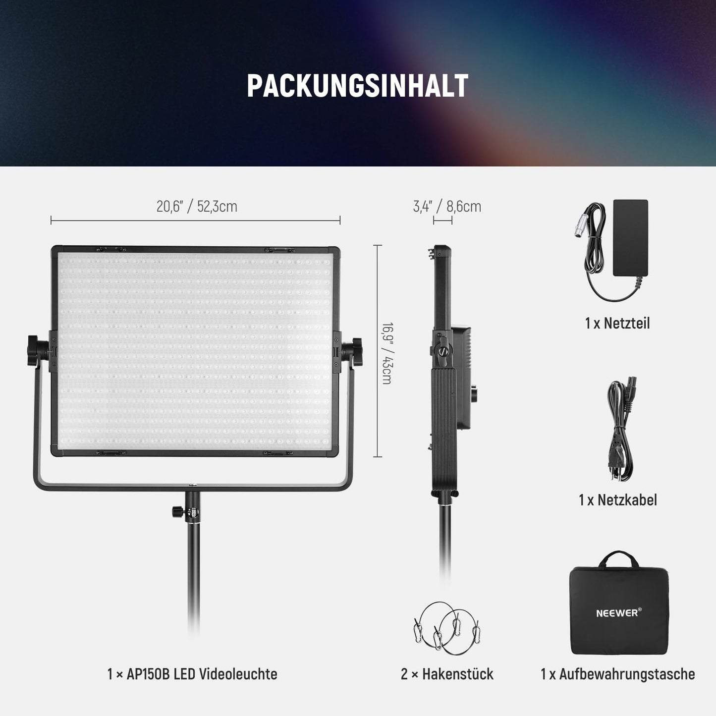NEEWER 150W two-color LED panel video light set 1440 LEDs 49500 Lux at 0.5m 2500K - 8500K CRI96+/TLCI97+ 0 - 100% dimming function APP/2.4G/Panel/DMX control for professional studio photography AP150B - 10105660