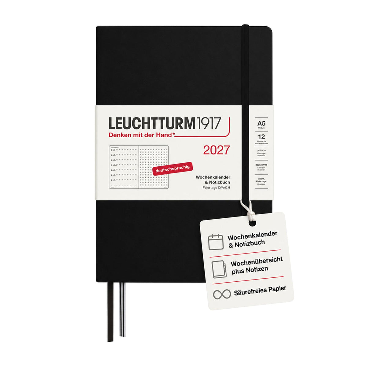 LEUCHTTURM1917 Calendar săptămânal 2027 punctat mediu (A5) cu caiet - Planificator de întâlniri german, negru, ianuarie-decembrie 2027, prezentare generală săptămânală în stânga + pagină cu note în dreapta - 400090