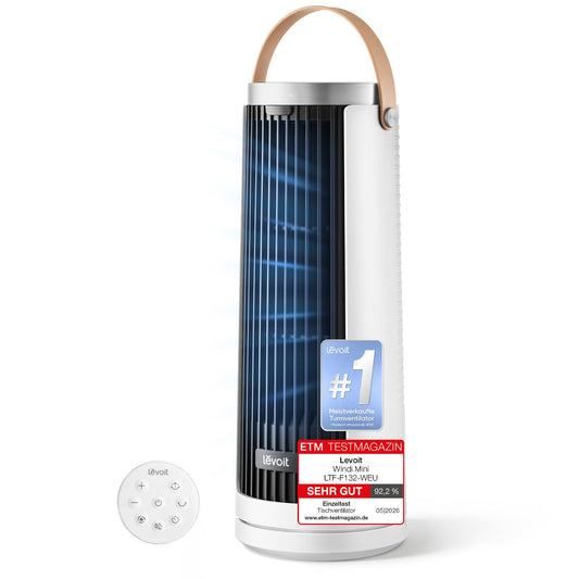 Levoit compact tower fan DC motor - quiet from 20dB fan - 7m/s cooling - table fan 5 levels/90° oscillation/12 hour timer/remote control - space saving, small rooms - moon white, 33 cm - LTF-F132-WEU