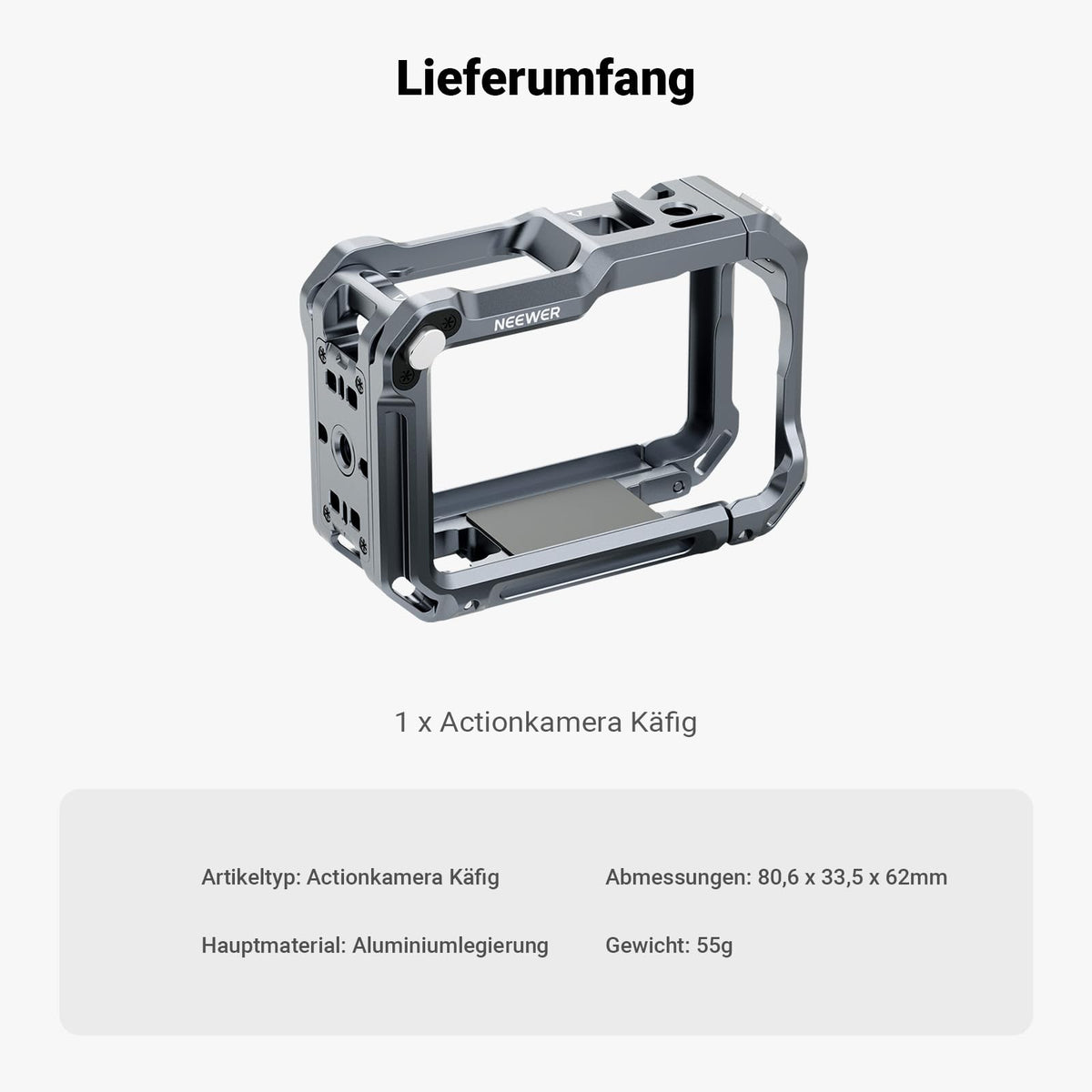 NEEWER Cage compatible with DJI Osmo Action 6, aluminum camera cage, quick release expansion frame housing action cam accessories, 1/4" thread and cold shoe for tripod selfie stick mic LED light AC049