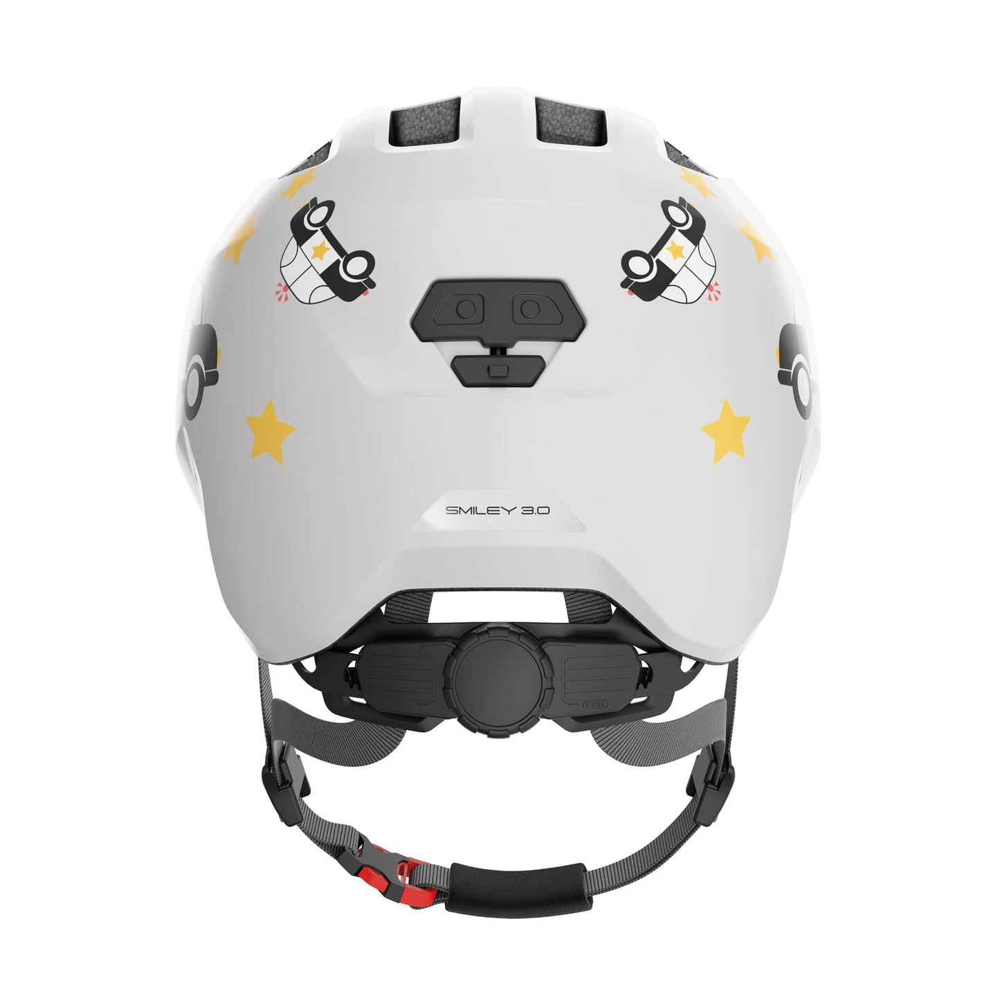 ABUS children's helmet Smiley 3.0 - bicycle helmet with a deep fit, child-friendly designs & space for a braid - for girls and boys - gray with car pattern, size M - 67270