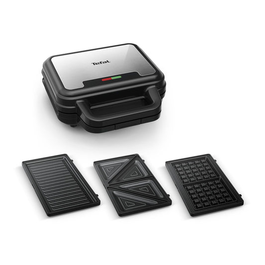 Tefal Ultracompact 3-in-1 sandwich waffle panini combination device, non-stick coating, heat-insulated handle, stainless steel/black, SW383D10