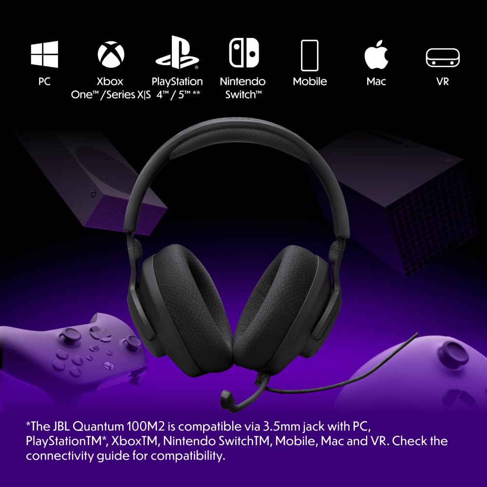 JBL Quantum 100M2 Wired Over-Ear Gaming Headset with JBL QuantumSOUND Signature, 3.5mm jack, multi-platform compatibility and detachable microphone with mute option, black - JBLQTUM100M2BLK
