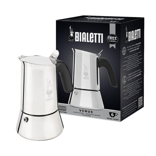 Bialetti - New Venus Induction, stainless steel stove espresso coffee machine, suitable for all types of stoves, 6 cups, aluminum, 235 milliliters silver - 0007255