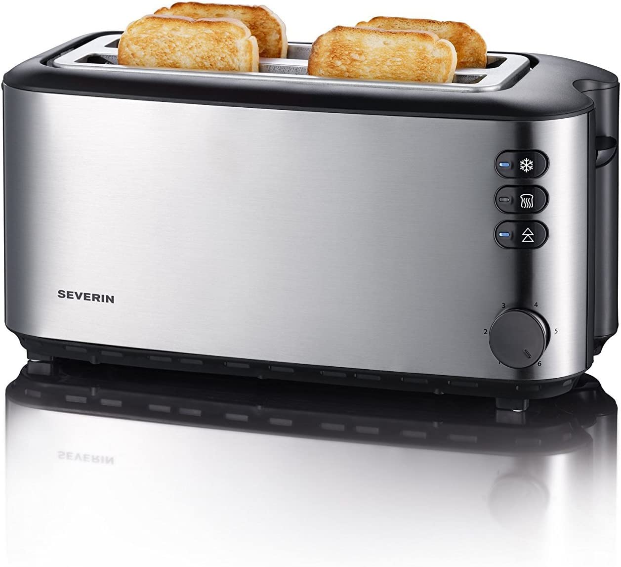 Severin double long slot toaster with built-in bread roll attachment, for 4 slices of bread, bread slice centering, warm-up and defroster level, brushed stainless steel, black, 1,400 W, AT 2509