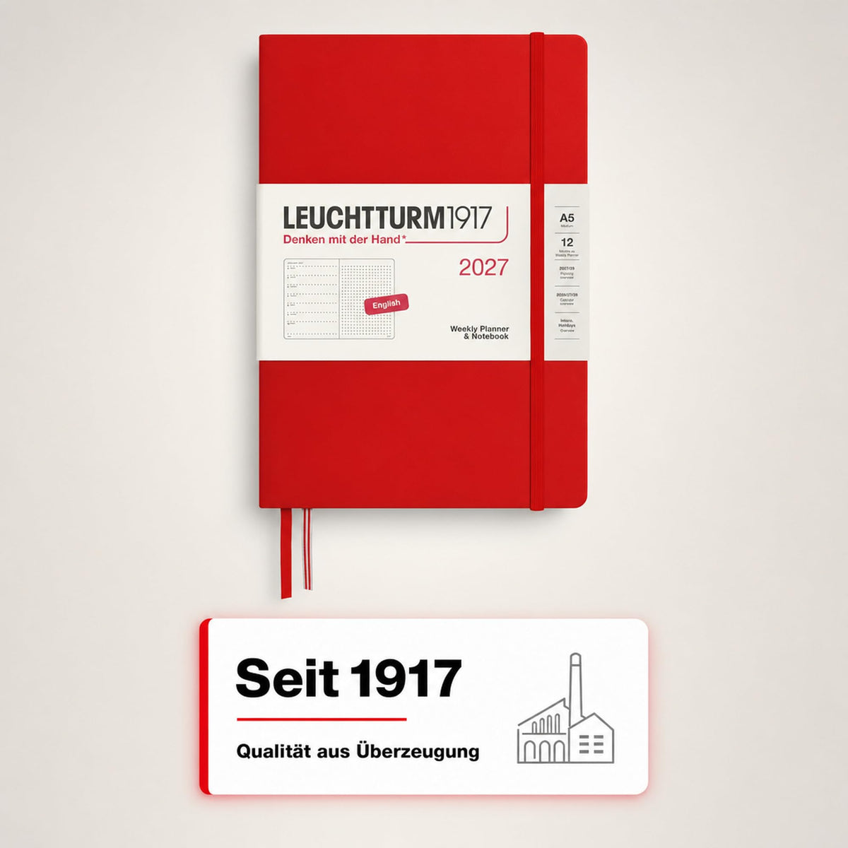 LEUCHTTURM1917 calendar săptămânal 2027 punctat mediu (A5) cu caiet, punctat - planificator de întâlniri engleză, cireș, cartonat, 145 x 210 mm, ianuarie-decembrie 2027, prezentare săptămânală în stânga + pagina de note în dreapta - 400259