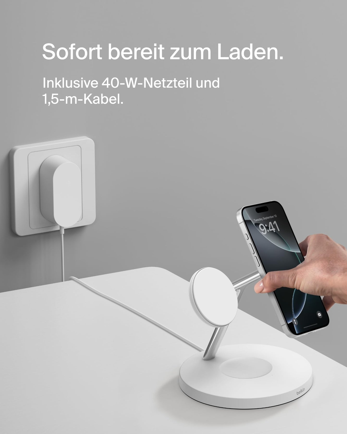 Belkin BoostCharge Pro 3-in-1 Qi2 Wireless Charger, MagSafe Compatible Charger, Inductive Charging Station for Apple iPhone 17, Air, 16, Pixelsnap, Apple Watch, AirPods, incl. Power Adapter - White - WIZ032kqWH