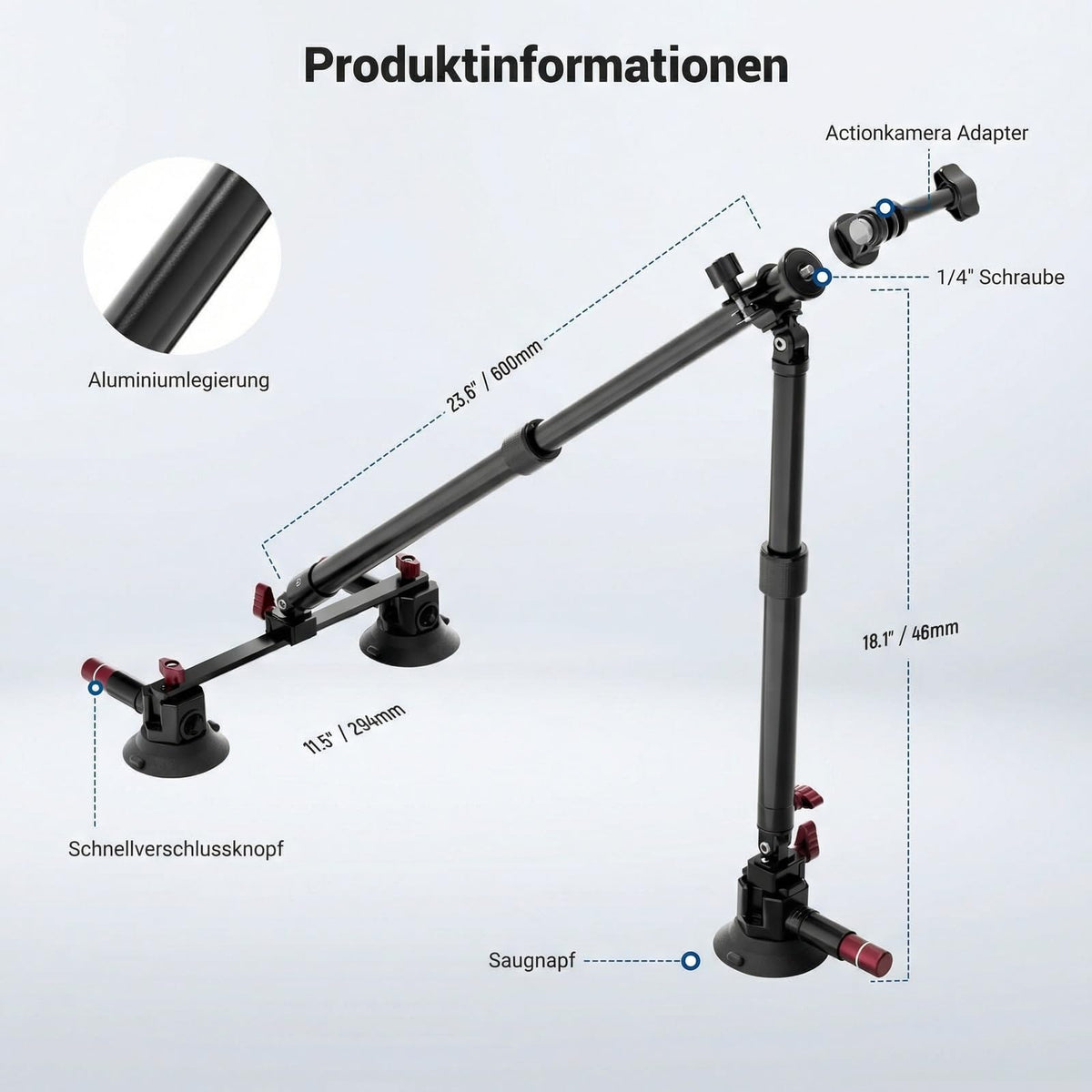 NEEWER Triple Suction Cup Mount Car Set, Two 24" Extension Rods Made of Aluminum Alloy, NATO Rail, Action Camera Adapter Compatible with GoPro DJI Insta 360, Max Load 2.2 lb, CA166