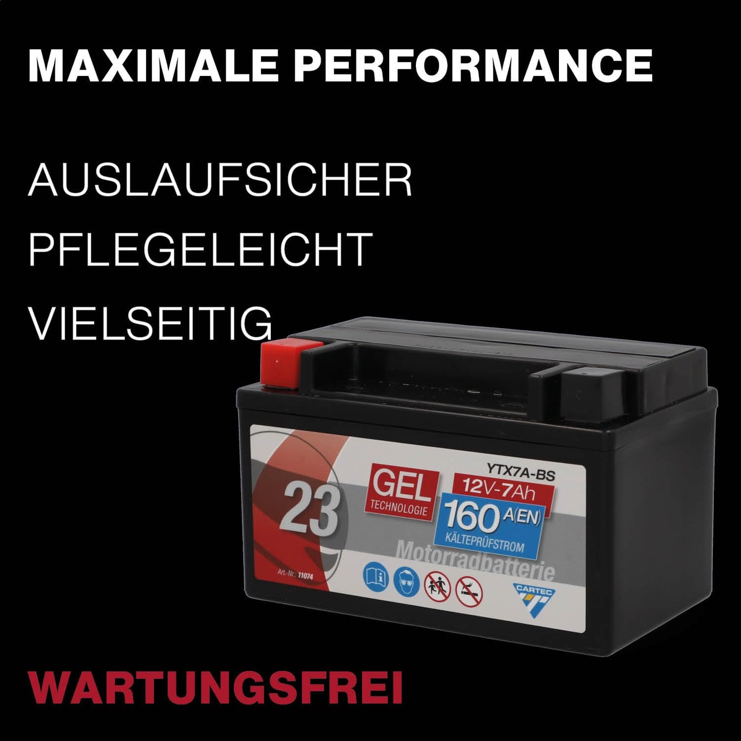 CARTEC motorcycle battery YTX7A-BS, 7Ah, 160A, gel technology motorcycle starter battery, original equipment manufacturer quality, cycle-proof, storable, maintenance-free, black - 11074