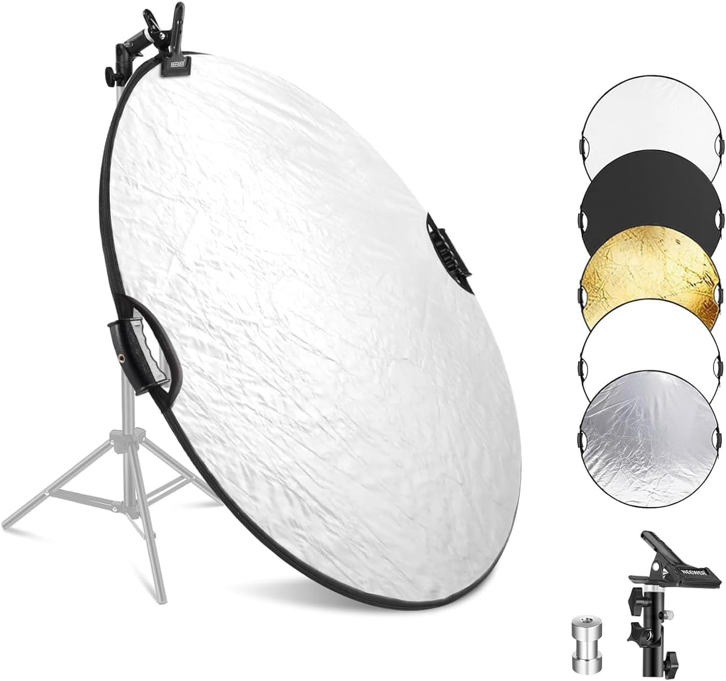NEEWER 110cm light reflector with clamp and handles, 5 in 1 foldable multi disc photography reflector translucent/silver/gold/white/black with 3/8" thread for studio outdoor lighting, RF-110II - 90101292