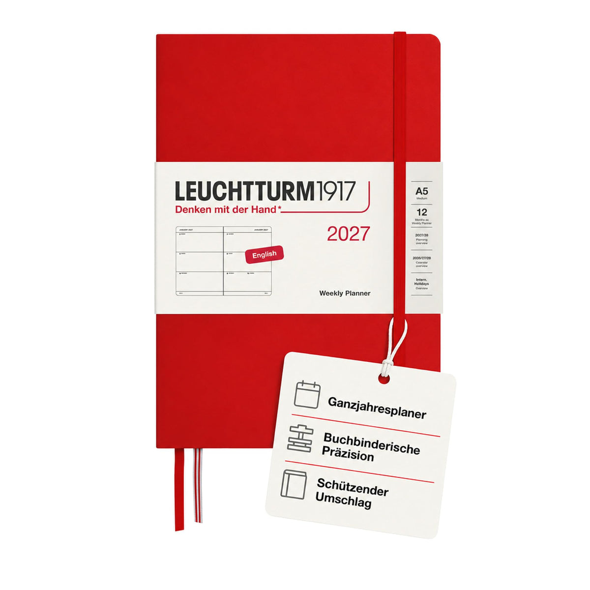 LEUCHTTURM1917 Calendar săptămânal 2027 Mediu (A5) - Engleză, Cireș, Hardcover, 145 x 210 mm, 12 luni - ianuarie-decembrie 2027, 1 săptămână pe pagină dublă, hârtie de 80 g/m² cu compatibilitate ridicată cu cerneală - 400270