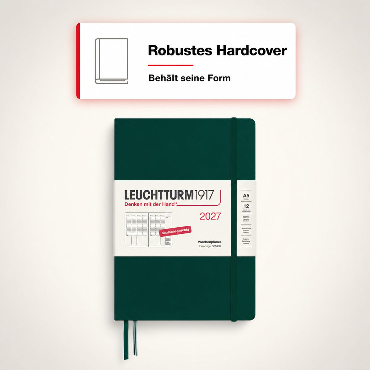 LEUCHTTURM1917 Weekly Planner 2027 Medium (A5) - German, Forest Green, 210 x 145 mm, January-December (12 months), weekly overview with hourly grid 7:00-22:00 per column, hardcover, 80 g/m² paper - 400150