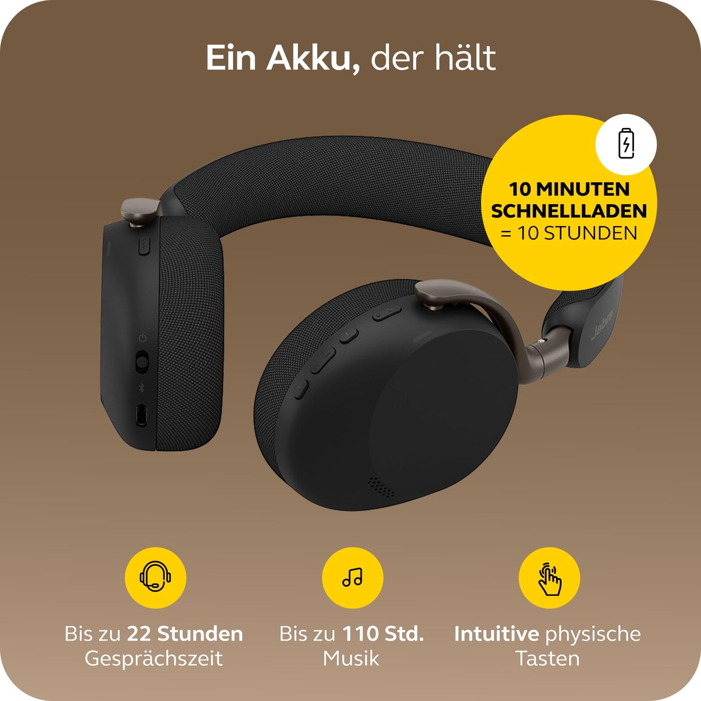 Jabra Evolve3 75 on-ear Bluetooth headset wireless with microphone for office, USB-C, AI voice call, advanced active noise cancellation, 22h battery, for online meeting apps, black - 37599-989-899