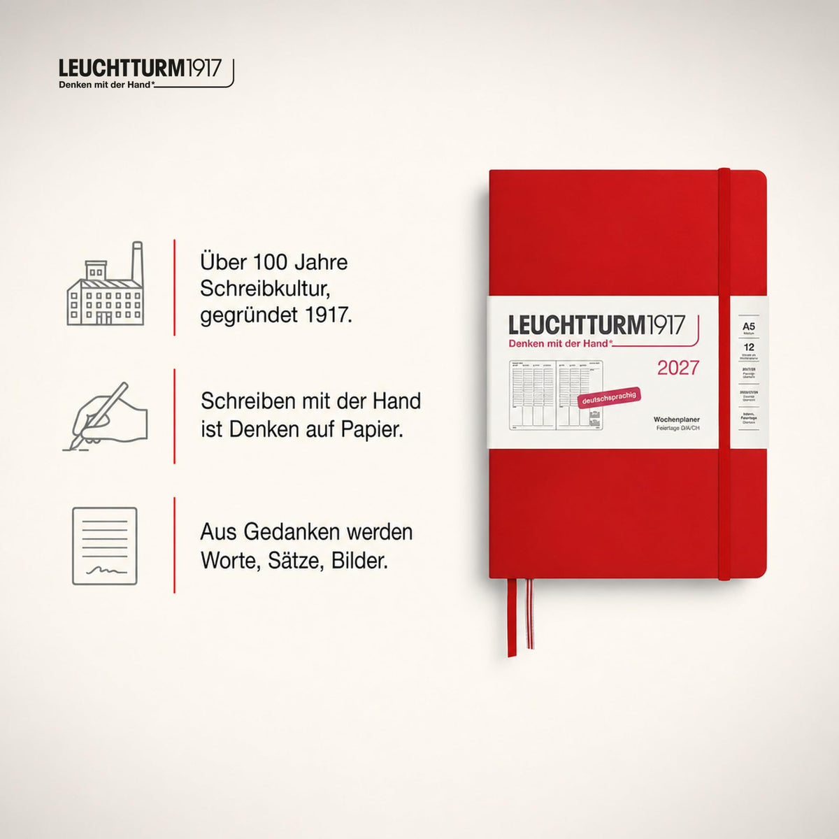 LEUCHTTURM1917 Weekly Planner 2027 Medium (A5) - German, Cherry, 210 x 145 mm, January-December (12 months), weekly overview with hourly grid 7:00-22:00 per column, hardcover, 80 g/m² paper - 400147