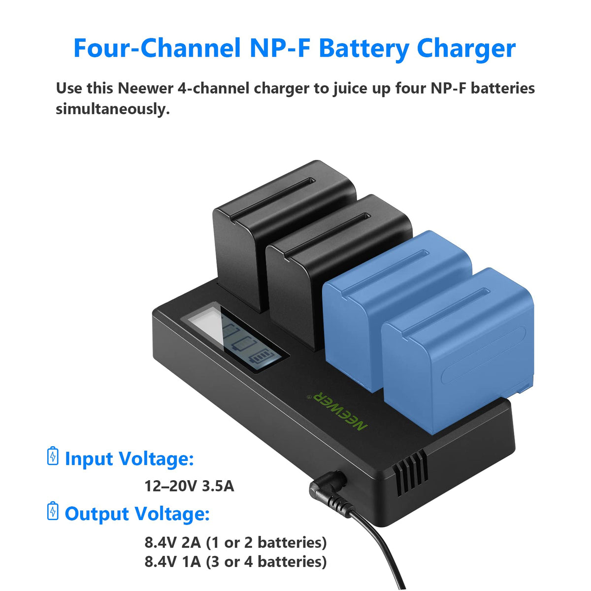 NEEWER 4-Pack 7.4V 6600mAh NP-F970 Replacement Batteries with 4-Channel Charger and Power Supply, compatible with NP-F550/750/770/970 FM500H QM71D QM91D, field monitor, video light. - 10100926