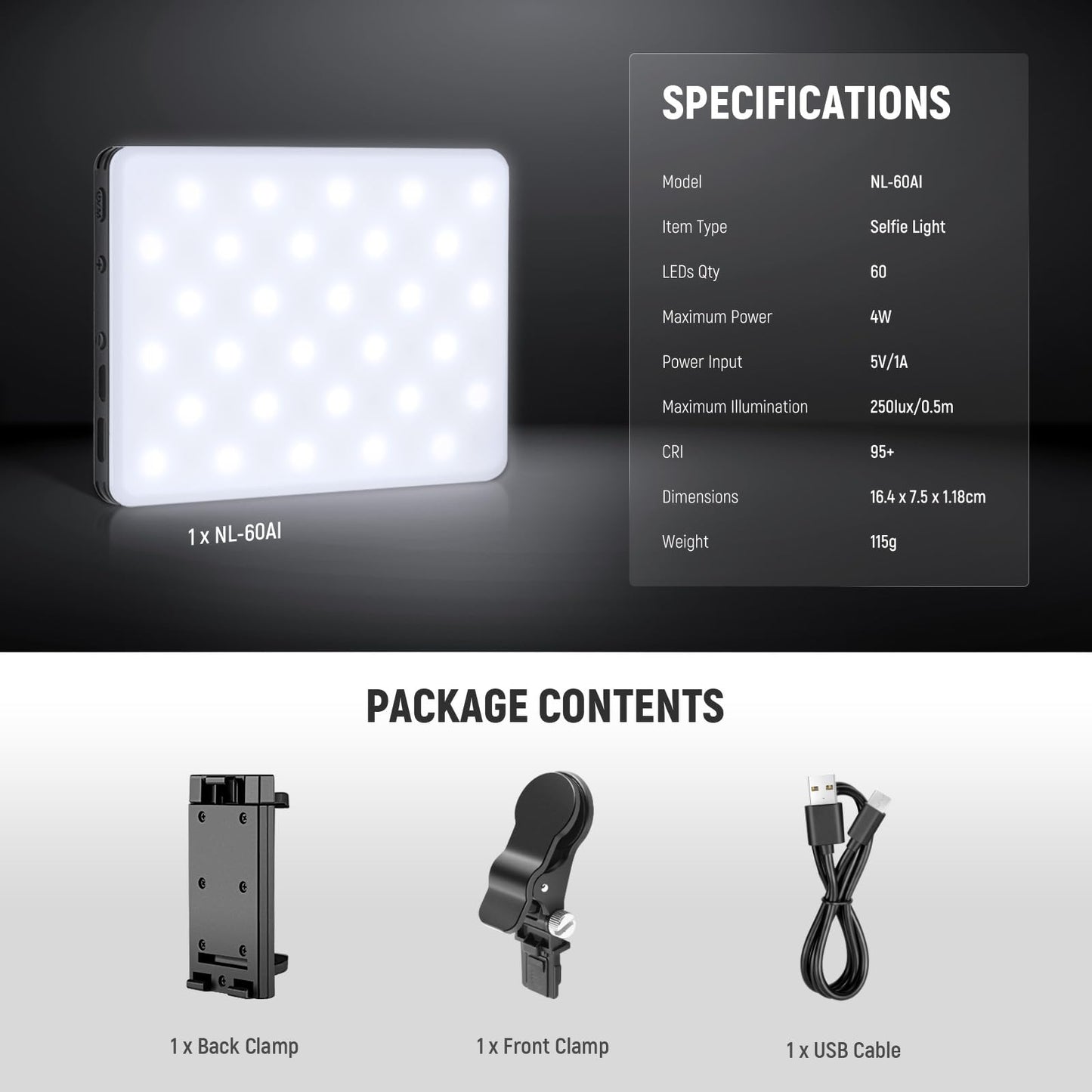 NEEWER Basic Clip On Selfie Light Compatible with iPhone, 2000mAh Rechargeable LED Video Light with Mobile Phone Clamp for Computer Webcam, Laptop, Zoom Video Conferences, Make Up Photography, NL-60AI