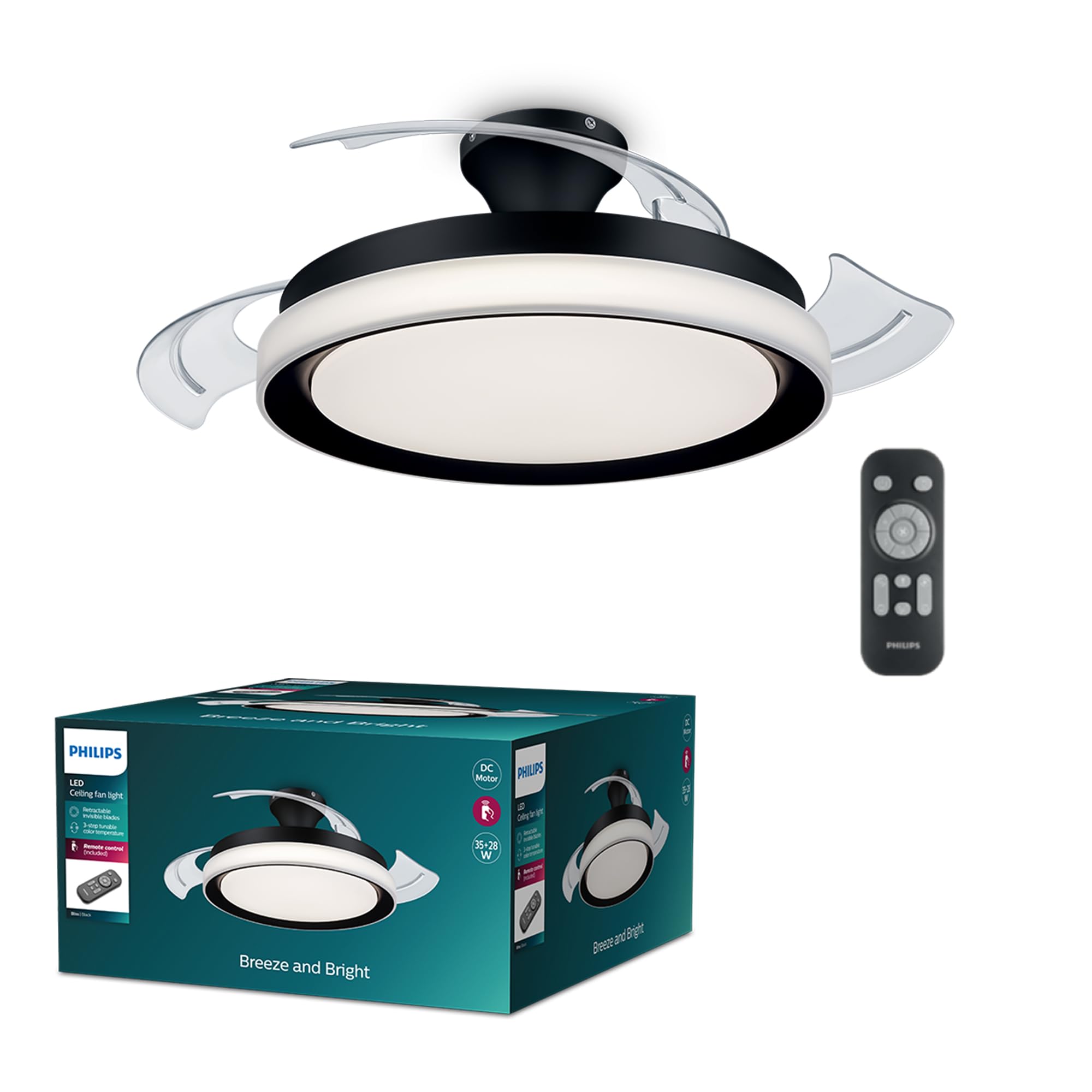 Philips Atlas ceiling fan with retractable blades and LED lighting, 3 blades, 106 cm wingspan, 3 lighting levels, adjustable white light, ultra-quiet, model 2024, black - 8720169279100