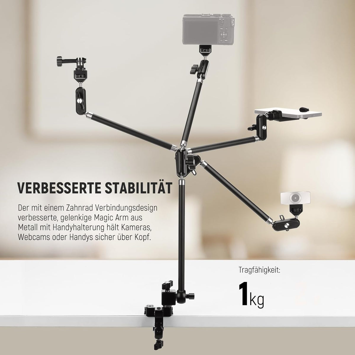 NEEWER 30" Swivel Arm with Desk Clamp/Action Camera Mount/Phone Holder, Microphone Boom Stand for Overhead Cameras, compatible with GoPro, iPhone, DSLR, Webcam, and Microphone, UA056 - 10107118