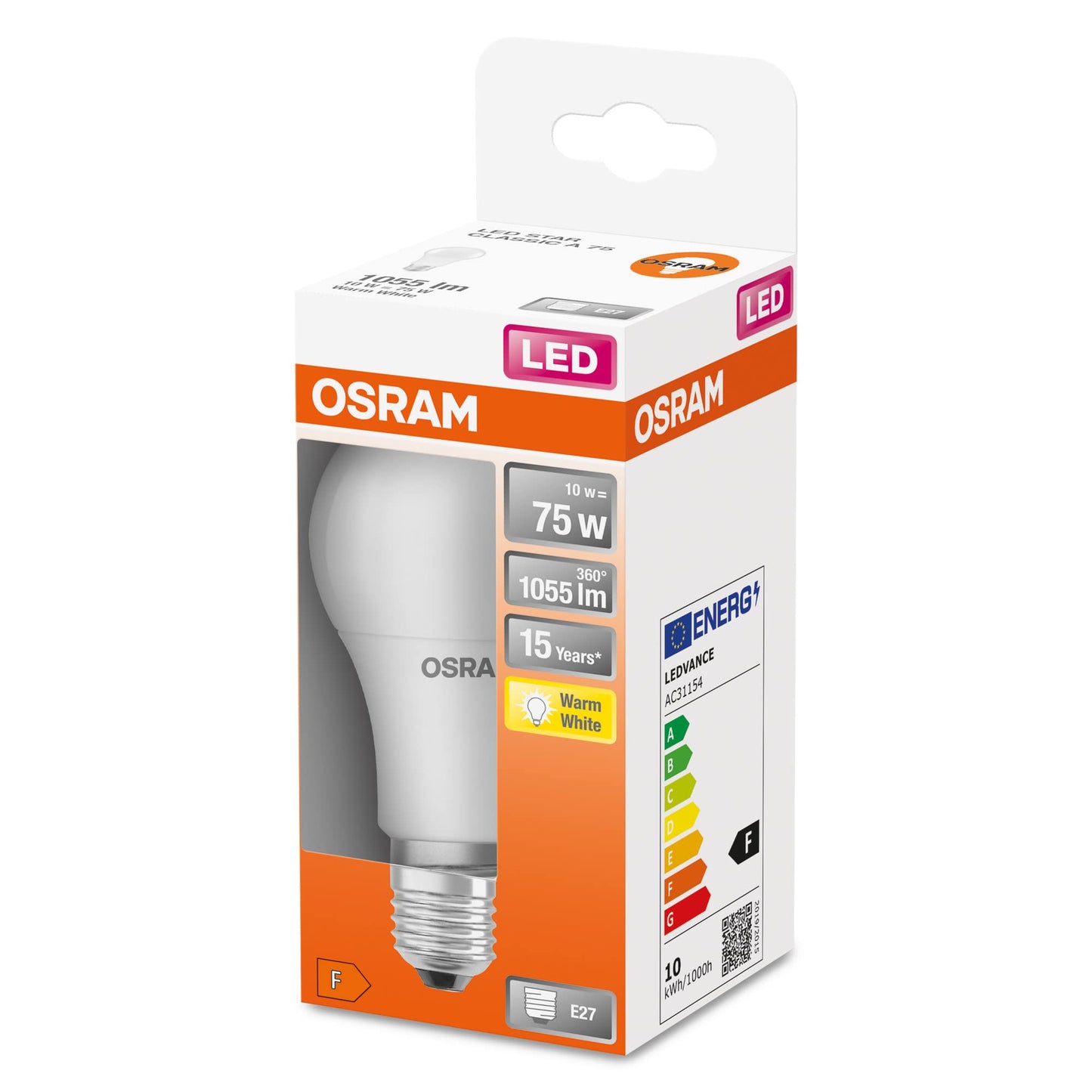 Osram LED Star Classic A, base: E27, not dimmable, warm white, replaces a conventional 75 watt lamp, matt, pack of 6 - 4058075588608