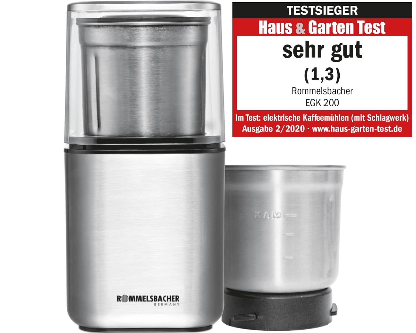 ROMMELSBACHER spice and coffee mill EGK 200, 2 stainless steel containers with impact knife & special knife, capacity 70 g, grinding level selectable over grinding time, also for pesto, spices, nuts, sugar, 200 watts