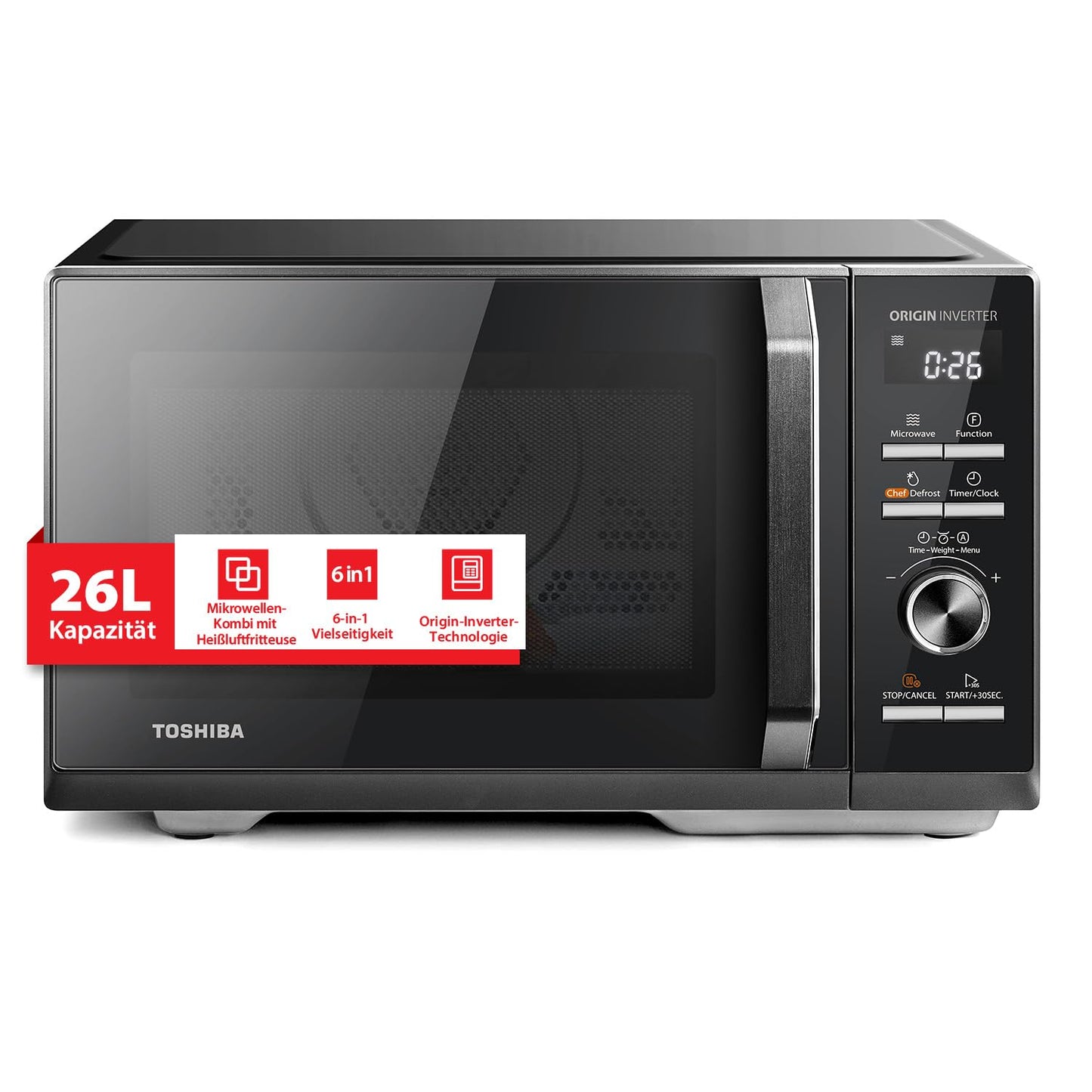 Toshiba MW3-AC26SFI(BK) microwave with grill and hot air/6-in-1 microwave oven/26L/1000W grill/Origin inverter/Chef defrost function/Convection/Combi cooking/Grill/Hot air fryer/Automatic menu/Black