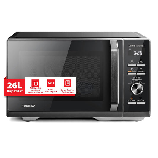 Toshiba MW3-AC26SFI(BK) microwave with grill and hot air/6-in-1 microwave oven/26L/1000W grill/Origin inverter/Chef defrost function/Convection/Combi cooking/Grill/Hot air fryer/Automatic menu/Black