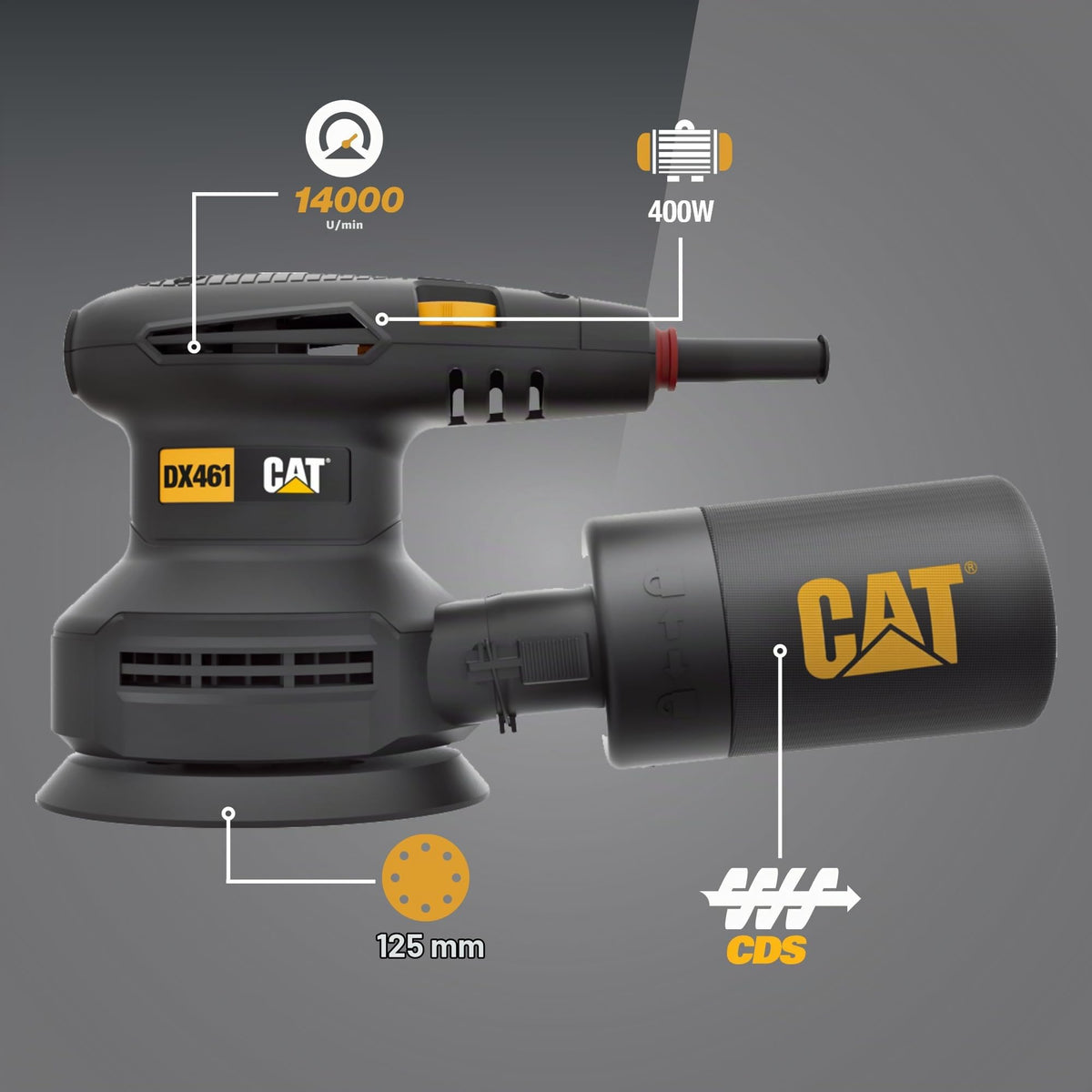 CAT DX461 Exzenterschleifer de 125 mm, 400W, 5000–14000 U/min, Ø2,5 mm, (inclusiv cutie de praf Zyklon, viteză variabilă și sistem de aspirare a prafului)