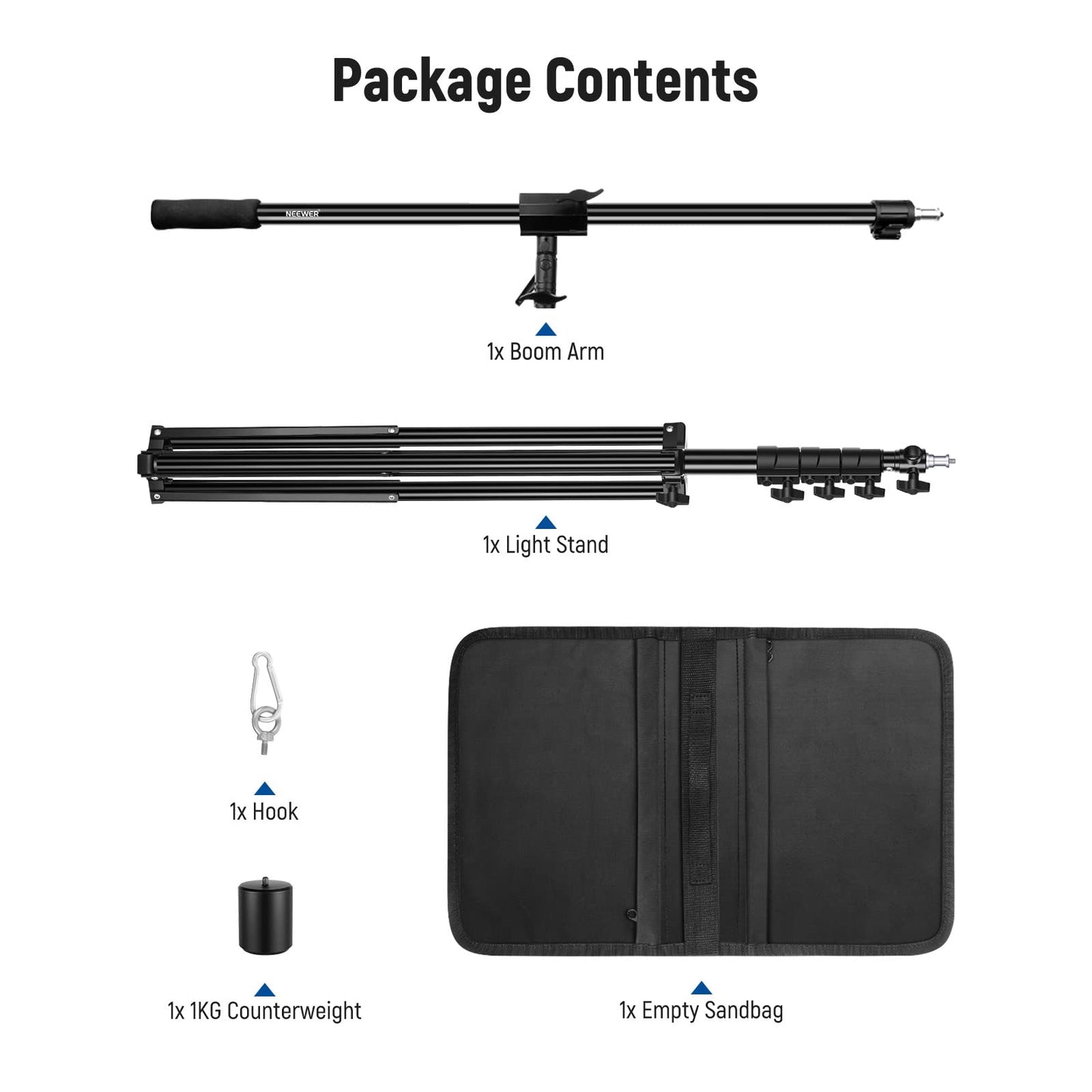 NEEWER Air-cushioned aluminum light stand, 3m adjustable photo tripod with boom arm, counterweight, sandbag, 1/4" screw for softbox, studio light, flash, umbrella, max. load 5kg - 90100462