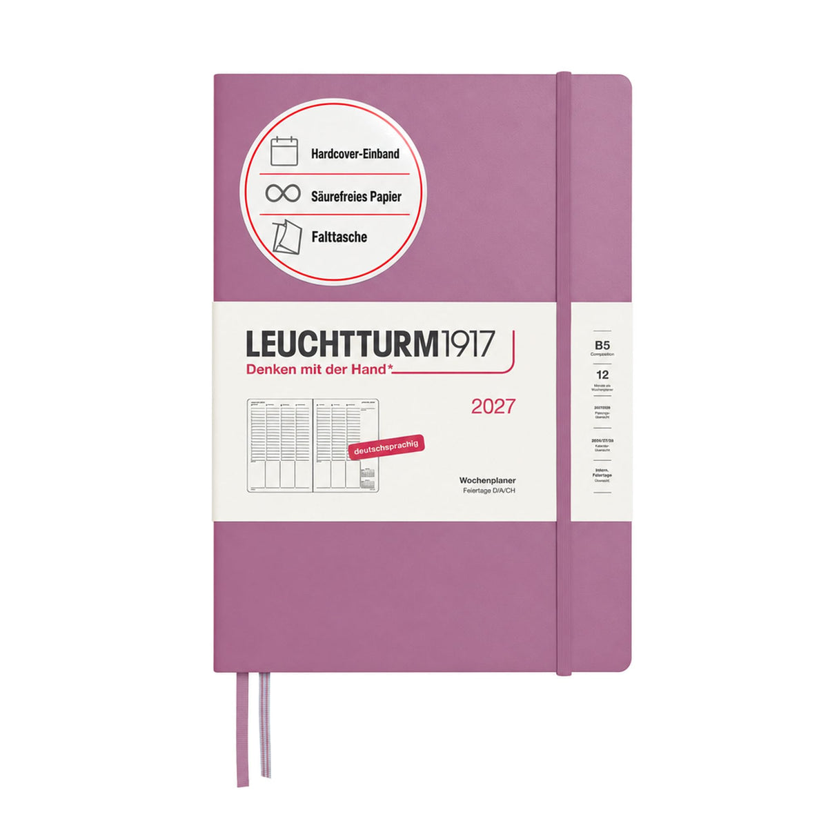 LEUCHTTURM1917 weekly planner 2027 Composition (B5) - German, Dusty Rose, 254 x 178 mm, January-December (12 months), weekly overview with hourly grid 7:00-22:00 per column, hardcover, 80 g/m² paper - 400142