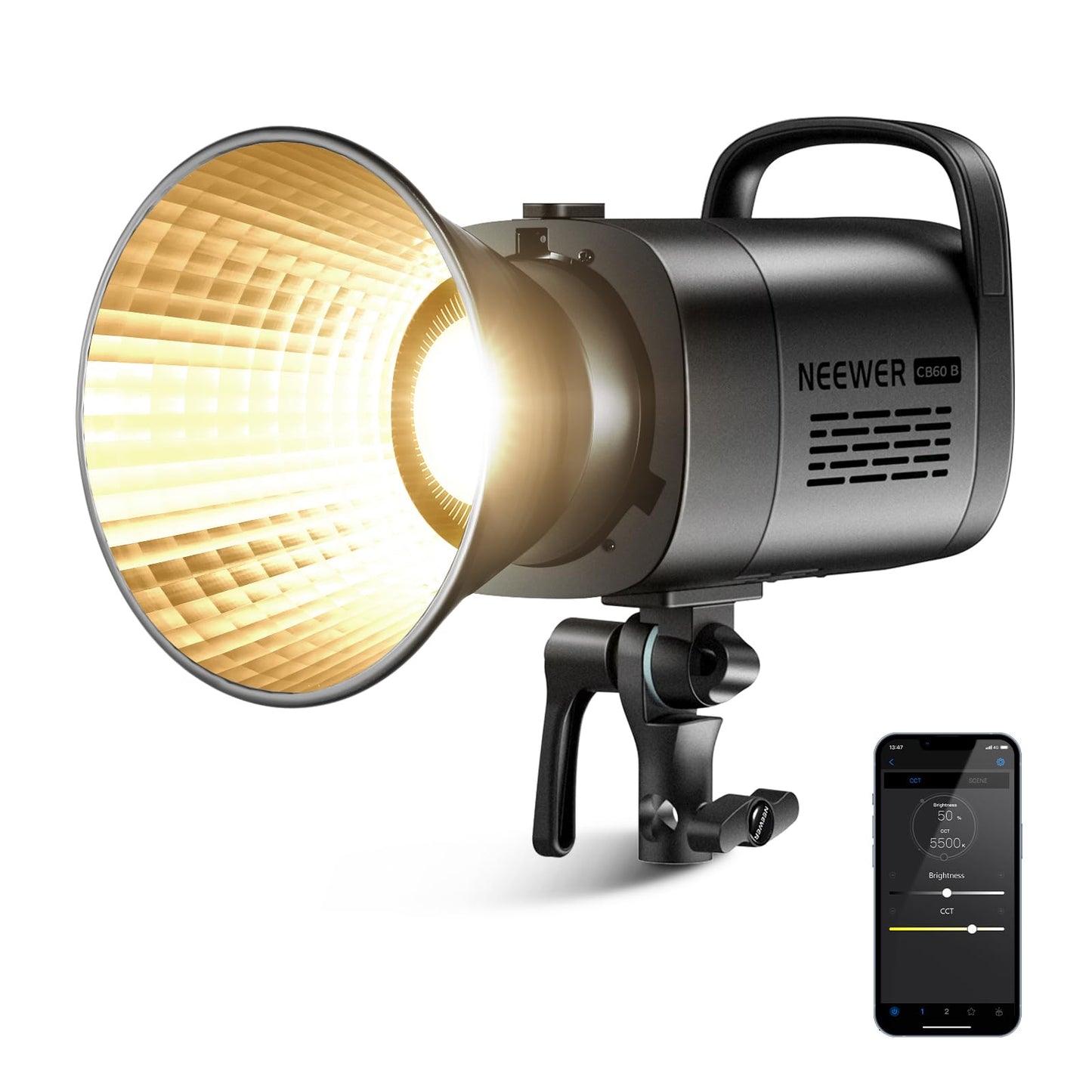 NEEWER 70W LED video light, 2.4G and APP control, two-tone 2700K-6500K video light, 34000 lux/1m, CRI97+/12 scenes/Bowens COB continuous light for studio photography video recording and streaming, CB60B - 10102325