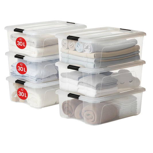 Iris Ohyama, Set de 6, Cutii de depozitare, 30 L cu cleme, Stivuibile, Living, Dormitor, Garaj - New Top Box NTB-30 - Transparent - 104514