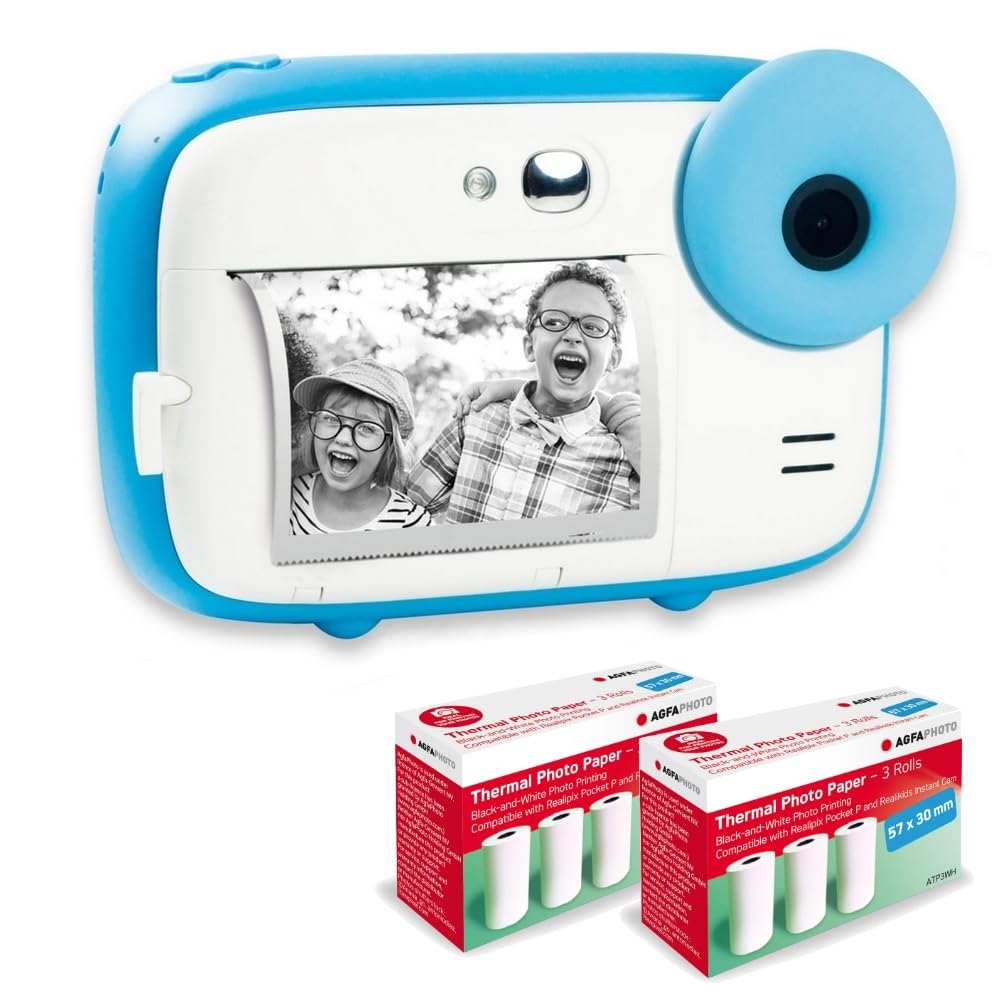 AGFA Photo Realikids Instant Cam + 6 rolls of thermal paper, ATP3WH – Instant camera for kids, 2.4-inch LCD display, lithium battery, selfie mirror, and photo filters – Blue - BARKICBL2