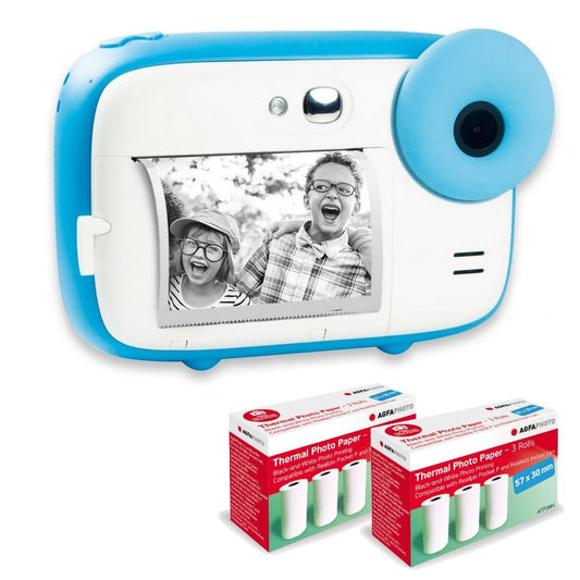 AGFA Photo Realikids Instant Cam + 6 rolls of thermal paper, ATP3WH – Instant camera for kids, 2.4-inch LCD display, lithium battery, selfie mirror, and photo filters – Blue - BARKICBL2