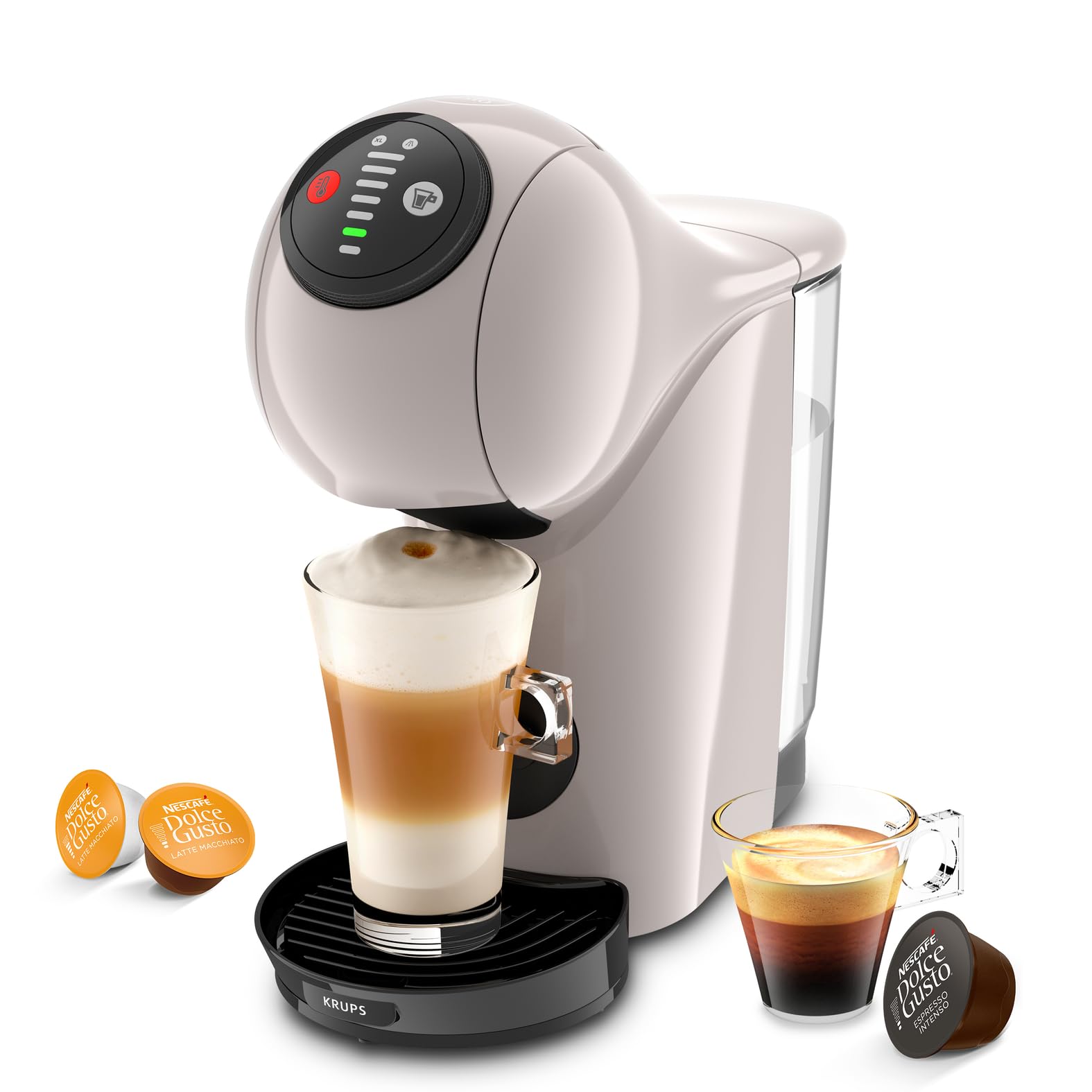 Aparat de cafea cu capsule NESCAFÉ DOLCE GUSTO Genio S, rezervor de apă detașabil 0,8 litri, băuturi calde și reci, 1500 wați, presiune pompă 15 bari, mod eco, deosebit de compact, taupe, KP243AF0