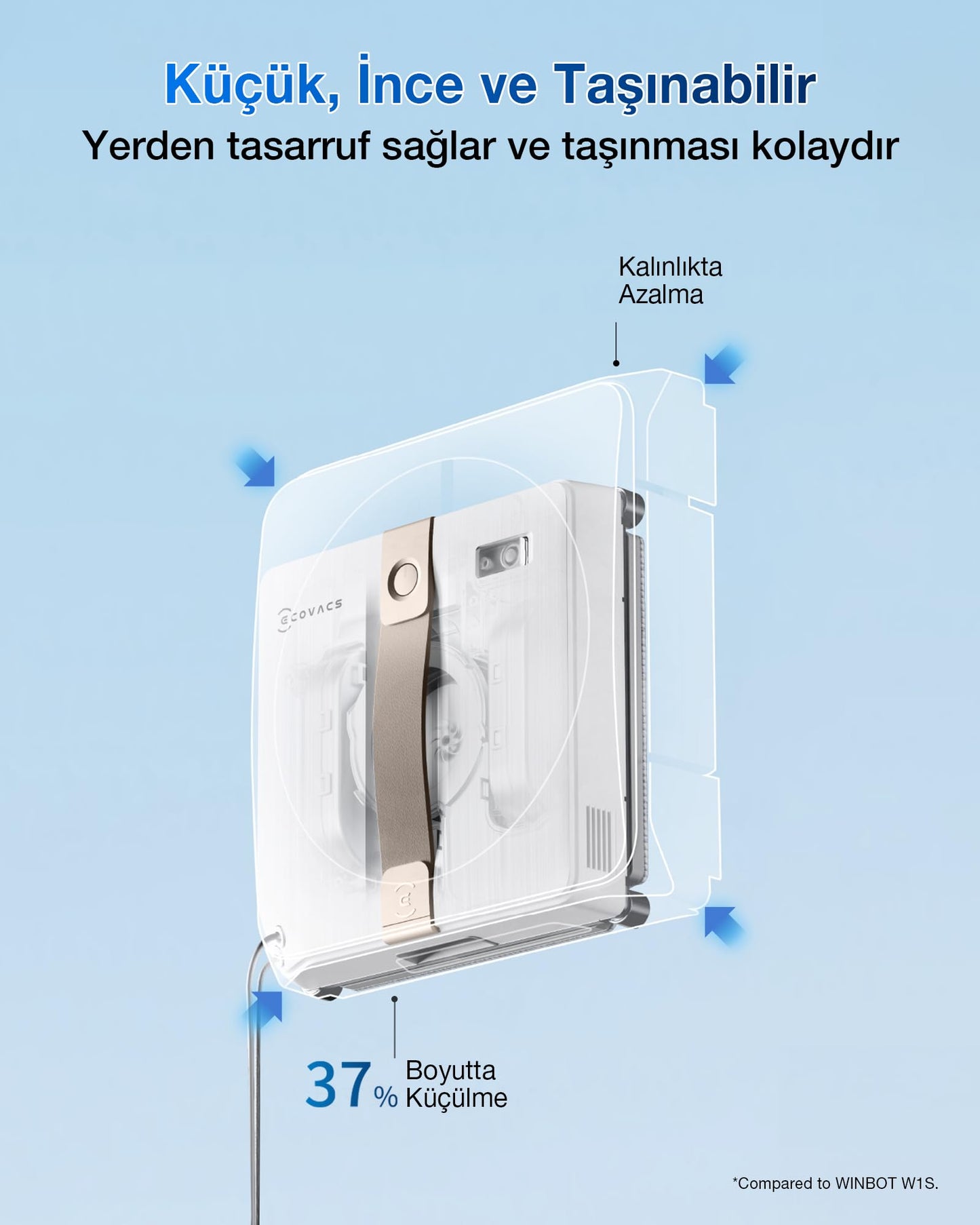 ECOVACS WINBOT Mini window cleaning robot, compact design, double nozzles with ultrasonic atomization, 9-level protection system, intelligent path planning, 4 cleaning modes, anti-slip system, gray