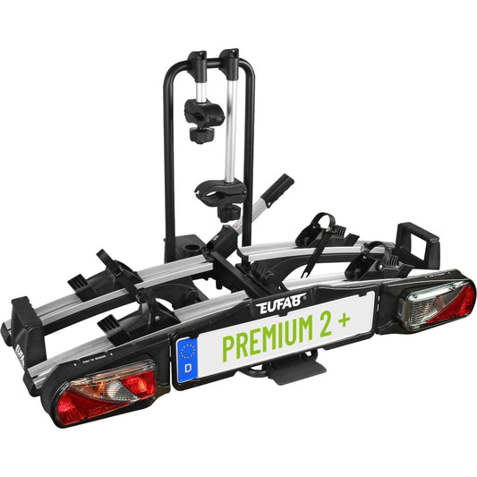 EUFAB 11523 bicycle carrier PREMIUM 2 Plus, suitable for e-bikes, for large tailgates, completely pre-assembled, anti-theft protection, 2 bicycles, trailer hitch, black/gray, (WxHxD) approx. 115x67x61 cm
