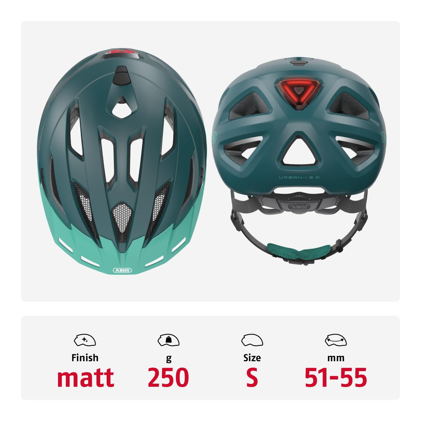 ABUS Urban-I 3.0 city helmet - bicycle helmet with rear light, peak and magnetic fastener - for men and women - blue-green, size S (51-55 cm) - 86882