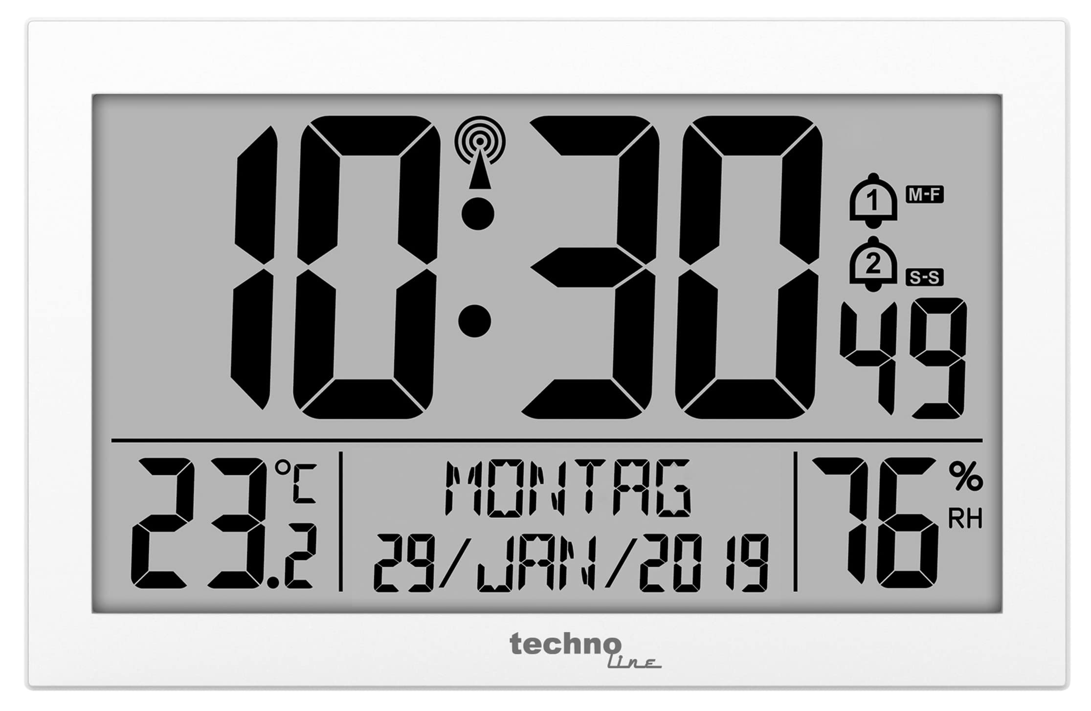Ceas de perete digital Technoline WS 8016 cu radio DCF | Temperatură și umiditate | 2 alarme | calendar | afișaj LCD mare | Ceas de perete sau de masă | alb - WS8016WEISS