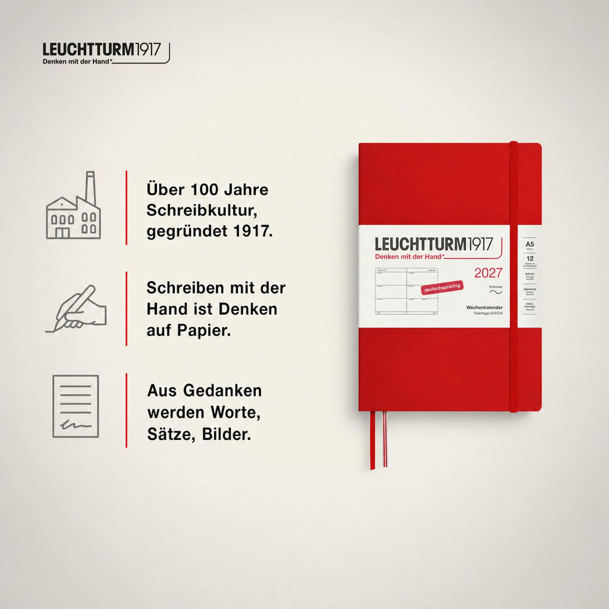LEUCHTTURM1917 Calendar săptămânal 2027 Mediu (A5) - Germană, Cireș, Copertă moale, 145 x 210 mm, 12 luni - ianuarie-decembrie 2027, 1 săptămână pe pagină dublă, hârtie de 80 g/m² cu compatibilitate ridicată cu cerneală - 400128