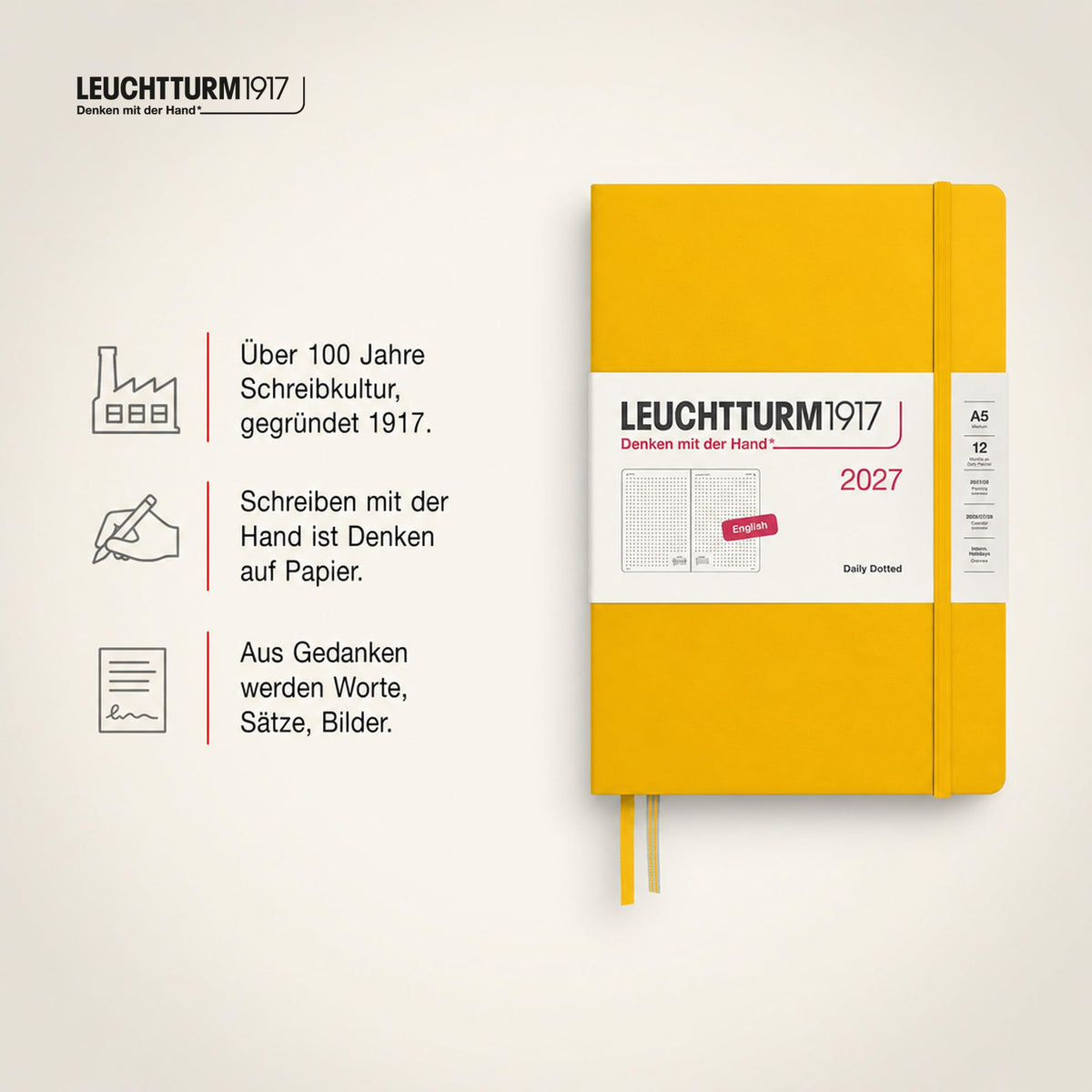 LEUCHTTURM1917 Calendar zilnic 2027 cu punct mediu (A5) - engleză, floarea soarelui, 145 x 210 mm, ianuarie-decembrie (12 luni), 1 pagină pe zi, grilă orară 7:00-22:00, copertă cartonată, hârtie de 80 g/m² - 400335
