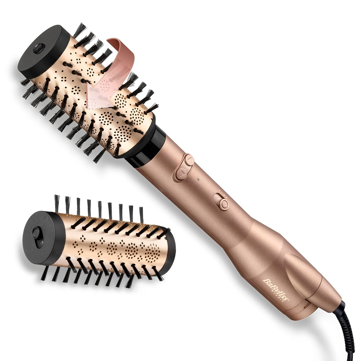 BaByliss Big Hair Dual Perie rotativă cu aer cald – Tehnologie cu ioni pentru anti-frizz, accesorii de 50mm și 40mm, 2 direcții de rotație, 2 setări de temperatură + buton de aer rece, champagne, AS952E