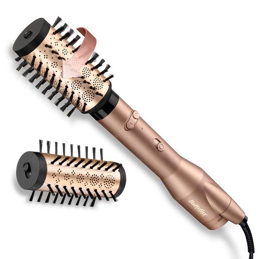 BaByliss Big Hair Dual Perie rotativă cu aer cald – Tehnologie cu ioni pentru anti-frizz, accesorii de 50mm și 40mm, 2 direcții de rotație, 2 setări de temperatură + buton de aer rece, champagne, AS952E