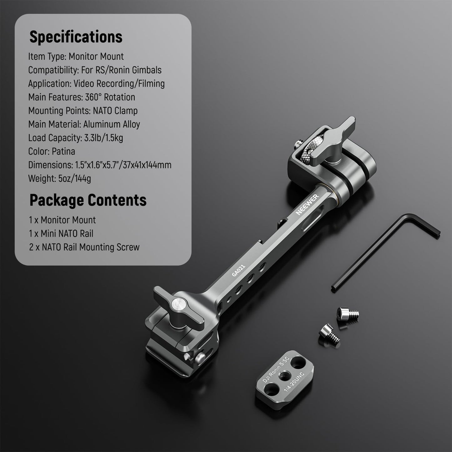 NEEWER NATO monitor mount for RS Gimbal, 360° rotating field monitor mount with NATO clamp and 1/4" thread, compatible with DJI RS5, RS4, RS4PRO, RS3, RS3PRO, RS2, RSC2, RoninS, RoninSC, GA021 - 10105014