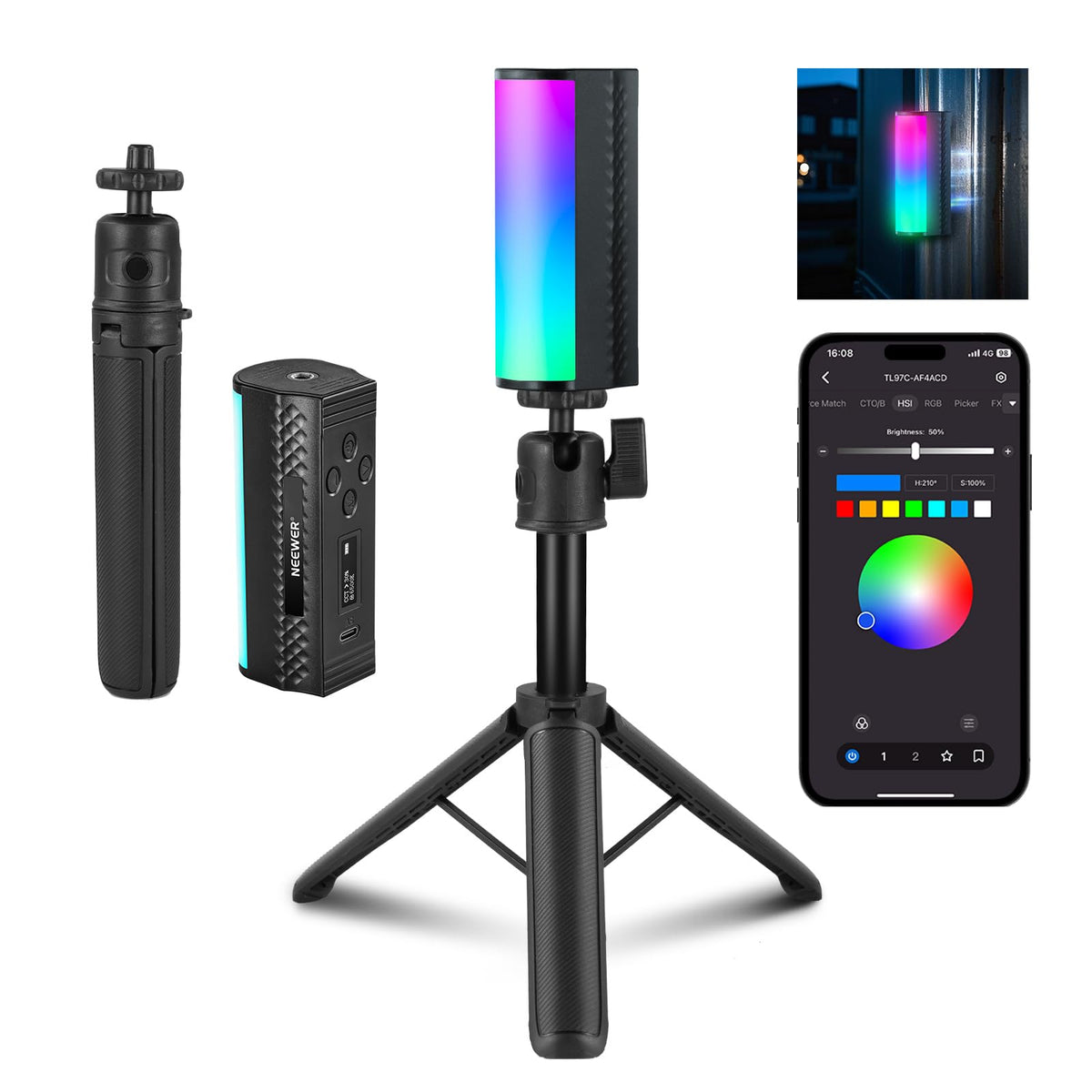 NEEWER Magnetic Hand Light Stick with Table Tripod, 17 Scenes, APP Control 360° Full RGB Mini LED Video Hand Light Stick, 2500K-8500K Dimmable CRI97 for Photography Vlog TikTok, 2550mAh Battery, TL97C