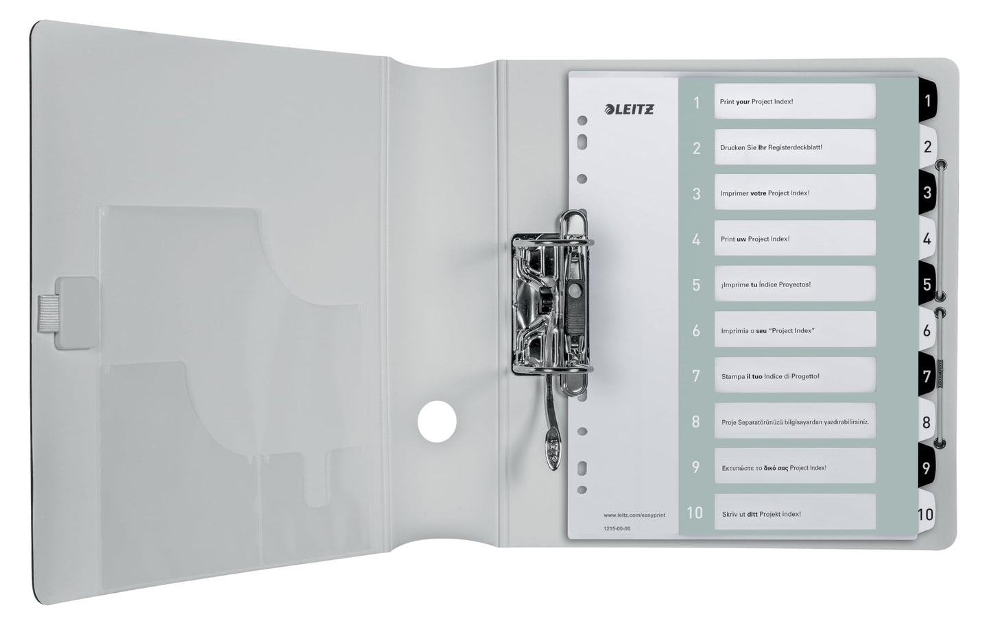 Leitz index for A4, pack of 10, PC-writable cover sheet and 10 dividers, tabs with numbers printed 1-10, extra width, white/black, polypropylene, WOW, 12150000 - 12150000-10