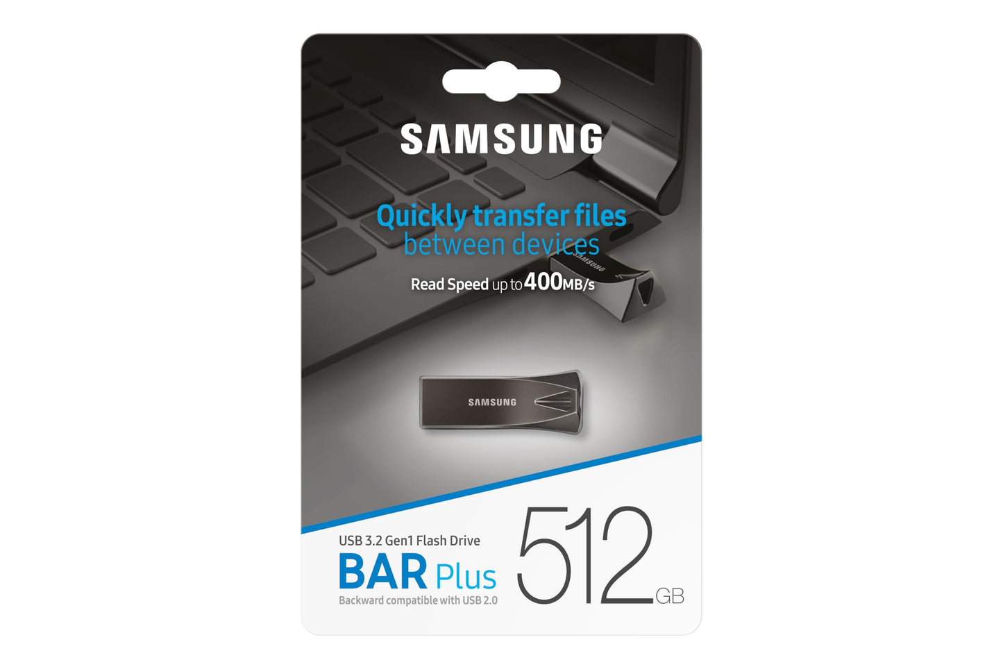 Samsung BAR Plus USB Stick Type-A, 512GB, 400MB/s Read, 110MB/s Write, Durable USB 3.2 Memory Stick with Key Ring, Titan Gray, MUF-512BE4/APC