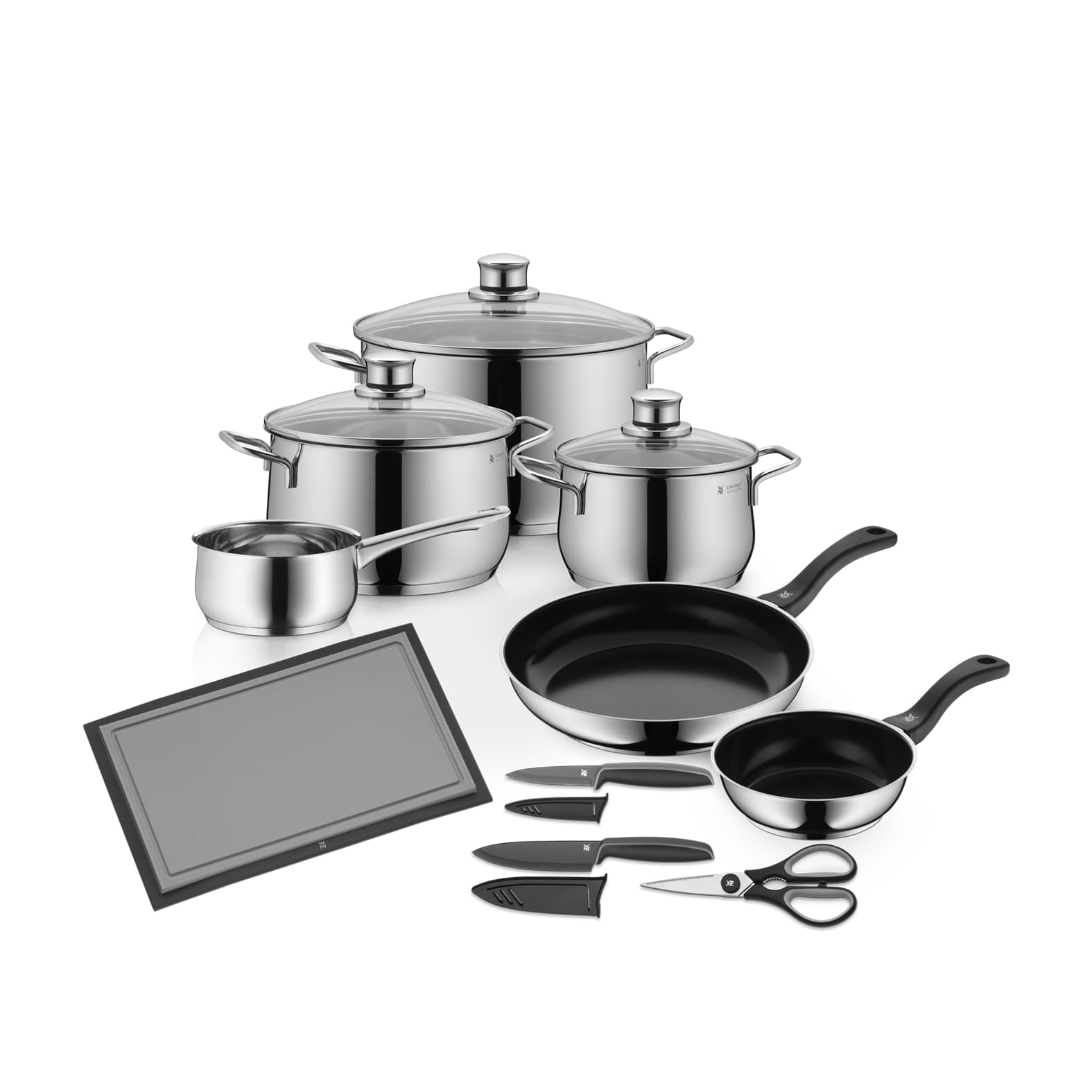 WMF Diadem Plus pot set induction 10 pieces, cooking pot set with glass lid, Cromargan polished stainless steel, induction pot set uncoated - 730756040